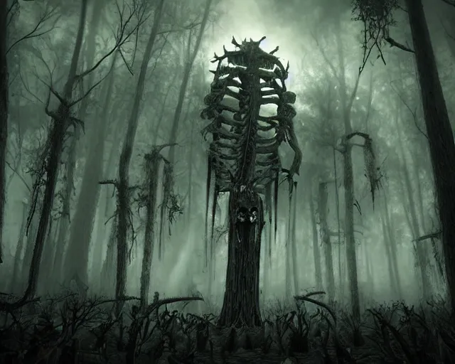 Image similar to an epic action concept masterpiece of a forest made of skeletons, inspired by sd ai. horrific digital art, extremely moody lighting