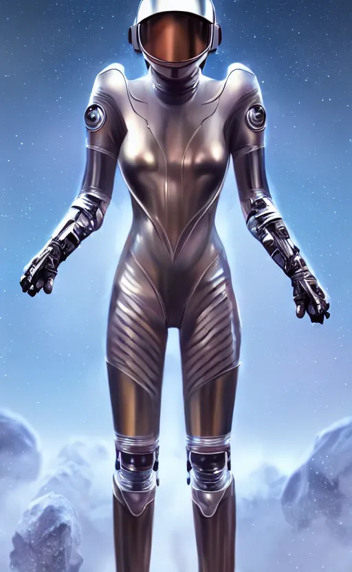 Prompt: beautiful hourglass feminine cyborg in full body skin space suit, helmet, steel boots, concept art by artgerm, joshua rife, photoshoot, intricate, highlydetailed, space background, artstation 4 k raytracing, shadows, highlights, illumination