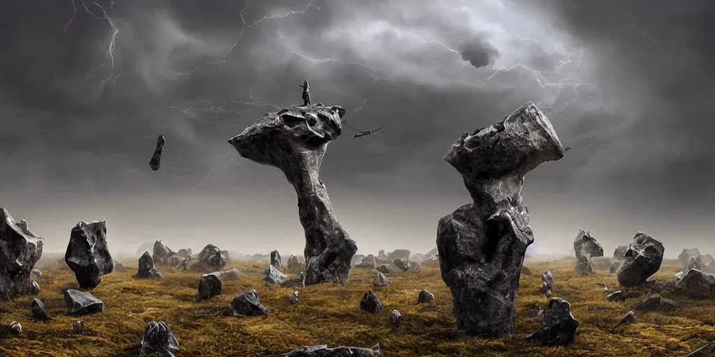 Prompt: photorealistic strange sculpture made of bird skulls. epic landscape, with ominous storm clouds, strange levitating stones, stones falling from the sky, a gentle rising mist. occult photorealism, uhd, amazing depth, glowing, golden ratio, 3 d octane cycle unreal engine 5, volumetric lighting, cinematic lighting, cgstation artstation concept art