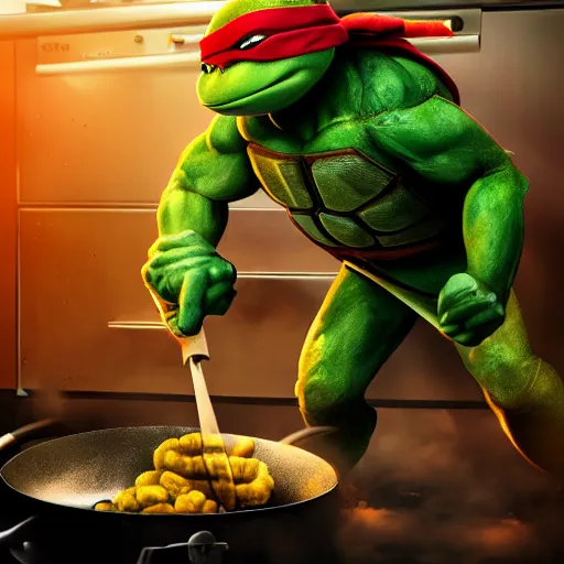 Image similar to teenage mutant ninja turtle with frying pan near kitchen stove, wearing chef hat, frying nails, volumetric lighting, realistic, photo, artstation