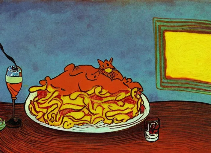 Image similar to surrealist painting of garfield eating lasagna at dusk, in the style of vincent van gogh and salvador dali and wayne barlowe