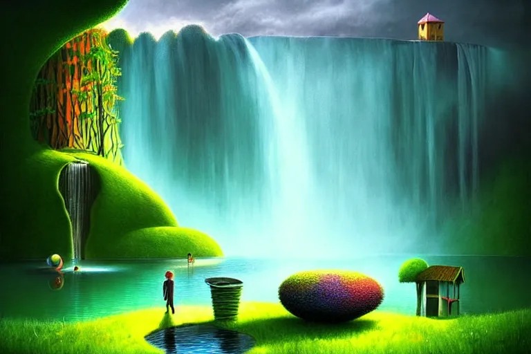 Prompt: surreal glimpse into other universe, waterfall, summer morning, very coherent and colorful high contrast, art by!!!! gediminas pranckevicius!!!! dark shadows, hard lighting