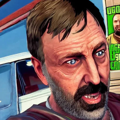 Prompt: Tom Green in GTA V cover, rockstar games, no text,