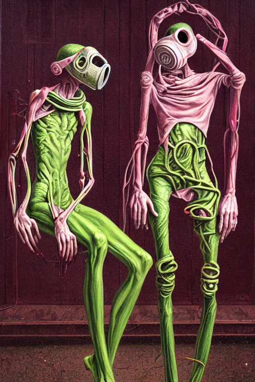 Prompt: two tiny, skinny figures with extra limbs, draped in fleshy green and pink, wearing gas masks connected to their hearts, inside an gothic dystopian, abandoned hospital room, ayami kojima, greg hildebrandt, mark ryden, hauntingly surreal, eerie vibrating color palette of charlie immer, highly detailed painting by, jenny saville, soft light 4 k