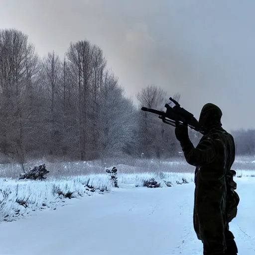 Image similar to snowy fields, snowy trees, partisans with guns, humanoid robots with machine guns, billowing smoke in the distance