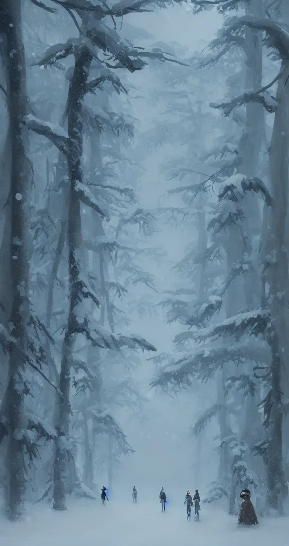 Prompt: A snowy day in the forest, medium perspective, by Studio Ghibli and Greg Rutkowski, artstation