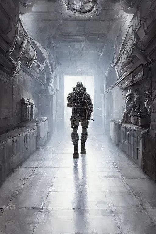 Image similar to ultra realist and ultra intricate detailed soft painting of a futuristic soldier, military, aiming his rifle down a hallway at an approaching xenonorph, sensual gloomy style, volumetric clouds, artstation, unreal render, depth of field