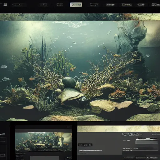 Prompt: a fishtank in a website page surrounded by piles of modular synth cables, by cameron gray, wlop, stanley kubrick, masamune, hideki anno, unique perspective, trending on artstation, 3 d render, smooth render