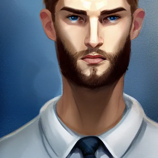 Image similar to tall chunky man in his twenties with brown blond short regular haircut and round facial structure with cleft chin, straight eyebrows, big grey blue eyes, small grinn, cheekbones, straight nose, wider face, shadow of beard, atmospheric lighting, painted, intricate, 4 k, highly detailed by charlie bowater