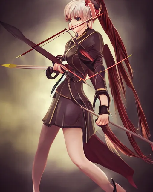 Image similar to anime girl with a bow and arrow, female archer, angry, warrior, realistic, fire emblem heroes archery japanese cartoon woman, artstation trending, concept art, digital painting