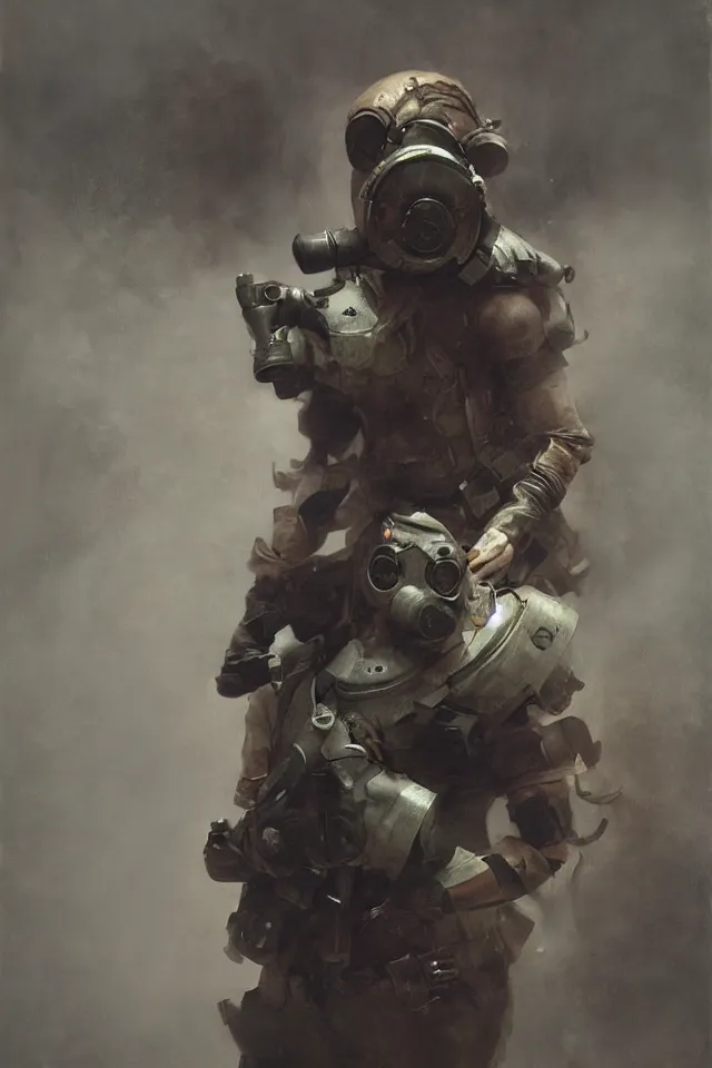 Prompt: a girl with a oni gas mask by ruan jia