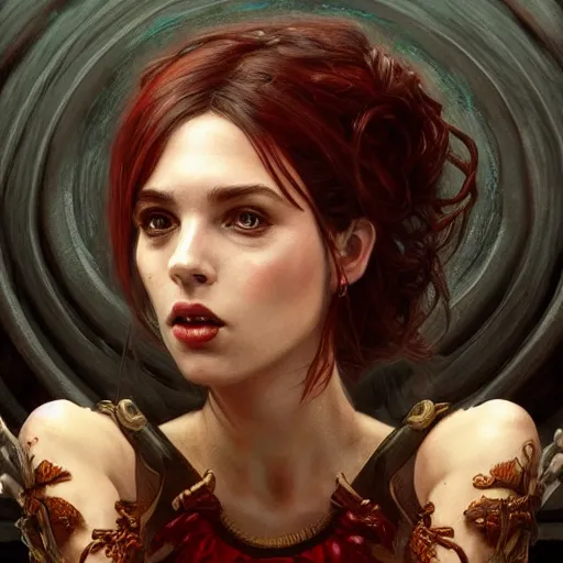 Image similar to dark fantasy character portrait of Peppa Pig, dramatic, unsettling, intricate, wild, highly detailed, digital painting, artstation, upper body, concept art, smooth, sharp focus, illustration, art by artgerm and greg rutkowski and alphonse mucha