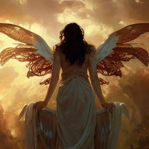 Prompt: Beautiful angel, fantasy magic, dramatic lighting, golden hour, close to night, intricate, elegant, sharp focus, illustration, highly detailed, digital painting, concept art, matte, art by WLOP and Artgerm and Greg Rutkowski and Alphonse Mucha, masterpiece