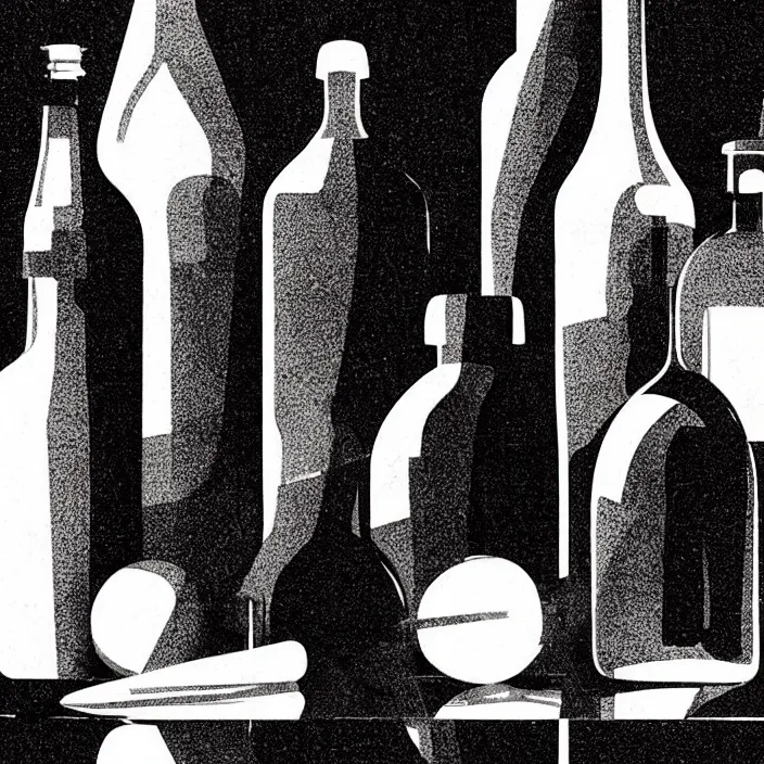 Prompt: extreme close - up on a table : poor quality bottles of different shapes and tones, fruits. background : black tiles on walls. black and white, pencil and ink. by gabriel hardman, joe alves, chris bonura. cinematic atmosphere, detailed and intricate, perfect anatomy