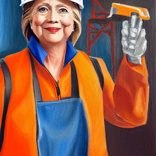 Image similar to stylized oil painting of hillary clinton as a construction worker, wearing an orange safety vest