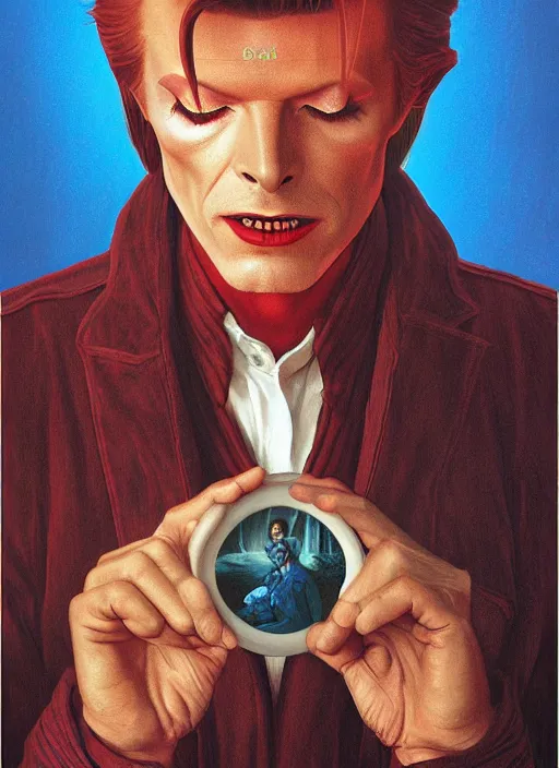 Prompt: twin peaks poster art, portrait of david bowie arriving in tweak peaks, by michael whelan, rossetti bouguereau, artgerm, retro, nostalgic, old fashioned