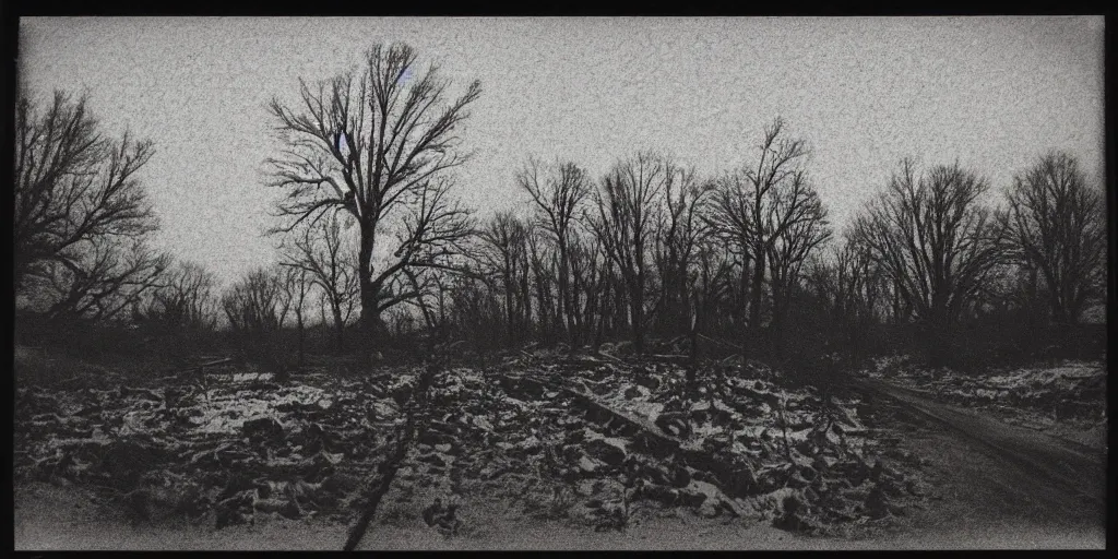 Prompt: analog polaroid of a snowed over wasteland, high resoltuin, shiny snow