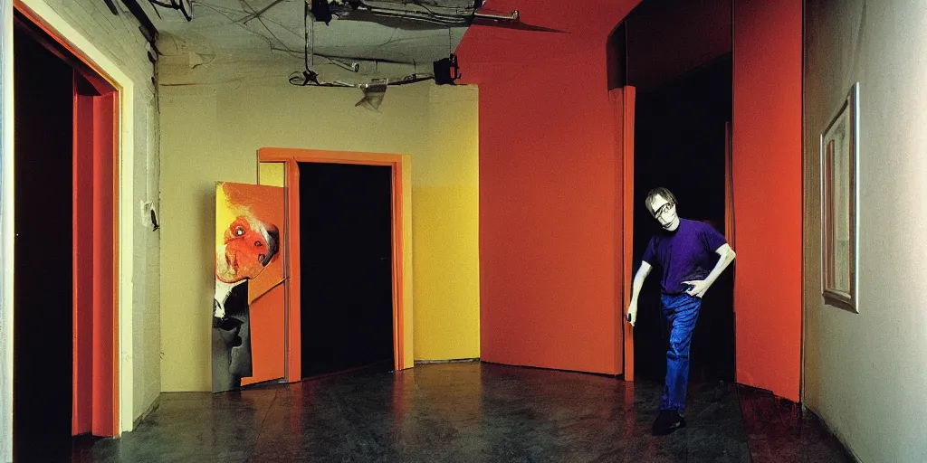 Image similar to award winning photo of JOHN ZORN ENTERING A BUILDING, vivid colors, happy, symmetrical face, beautiful eyes, studio lighting, wide shot art by Sally Mann & Arnold Newman