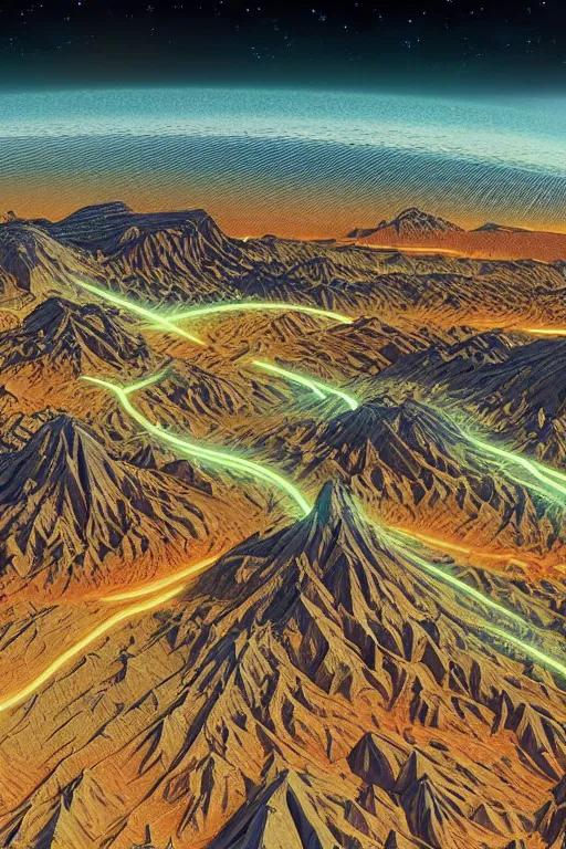 Image similar to a stunning 3 d map of an extraterrestrial territory with 3 d landmarks, award winning behance digital art, earth tones, geometric lines