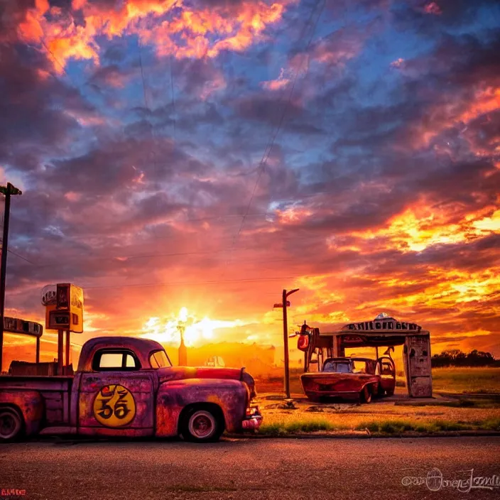 Image similar to a sunset light landscape with historical route 6 6, lots of sparkling details and sun ray ’ s, blinding backlight, smoke, volumetric lighting, colorful, octane, 3 5 mm, abandoned gas station, old rusty pickup - truck, beautiful epic colored reflections, very colorful heavenly, softlight