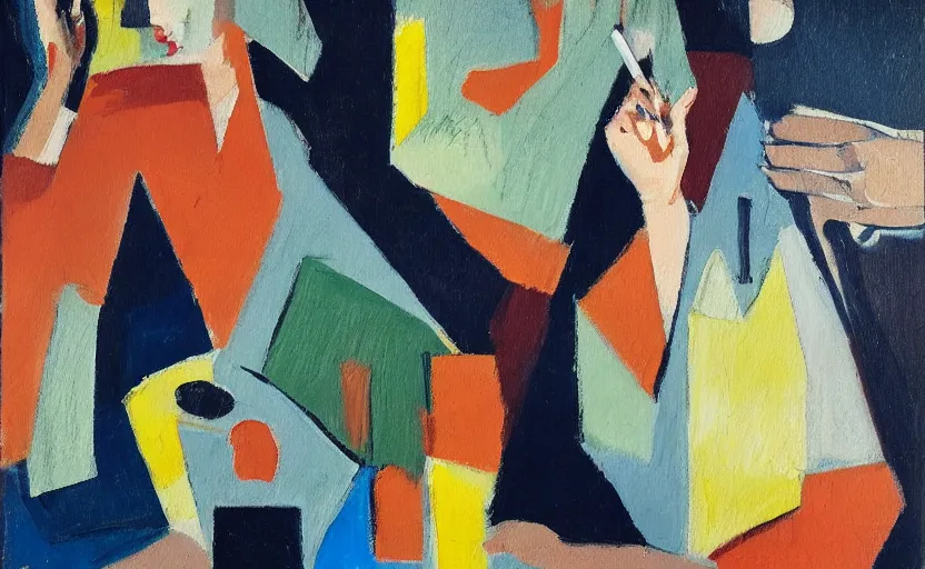 Prompt: oil painting in the style of john craxton. smoke. sailors talking loudly in the shadows of a jazz club. playing cards. cheekbones. hair. in the style of ivon hitchins. eyes. strong expressions on faces. holding cigarettes. scratch. strong lighting. brush. single flower. seated figure hands on table. line drawing.