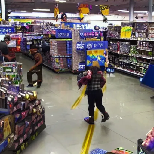 Prompt: people fighting in walmart, league of legends style