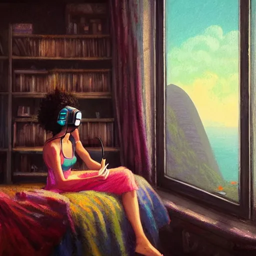 Image similar to lo-fi colorful masterpiece by Greg Rutkowski, WLOP, Dan Mumford, Christophe Vacher, painting, black girl, curly hair, with headphones, studyng in bedroom, window with rio de janeiro view, lo-fi illustration style, by WLOP, by loish, by apofis, alive colors