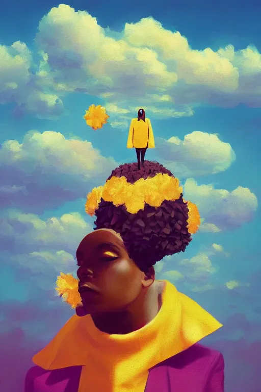 Prompt: portrait, giant flower as head, black woman in suit, surreal photography, golden hour, colorful clouds, impressionist painting, digital painting, artstation, simon stalenhag