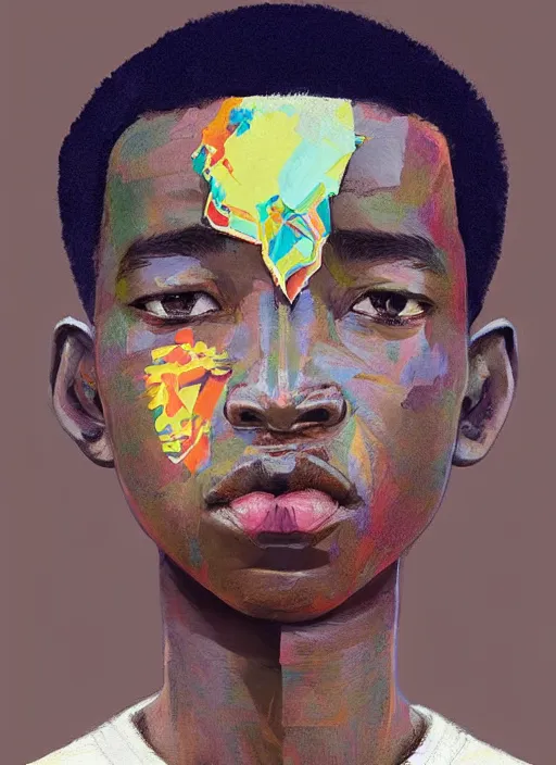 Prompt: colourful upper half portrait of an african boy - art by tenmyouya hisashi & hsiao - ron cheng, highly detailed, digital painting, illustration, smooth, sharp focus, intricate, symmetry, pinterest, behance, artstation