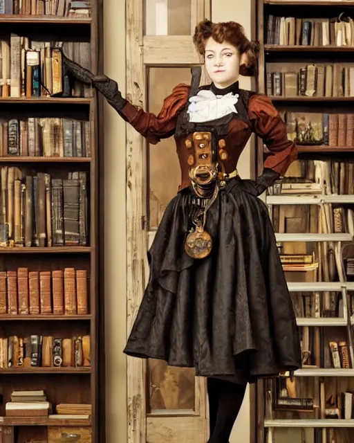 Prompt: a steampunk female maid holding a stack of books, standing in a steampunk reading room, bookshelf.