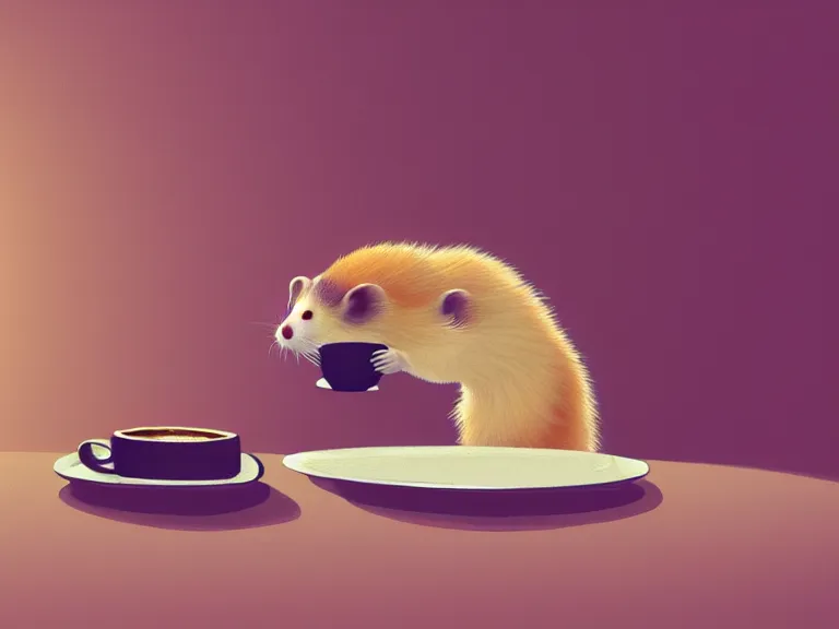 Image similar to a ferret drinking coffee in an empty cafe, 8 k, digital painting, stylized, hazel and cream gradient, warm color scheme, dynamic lighting, octane, trending on artstation