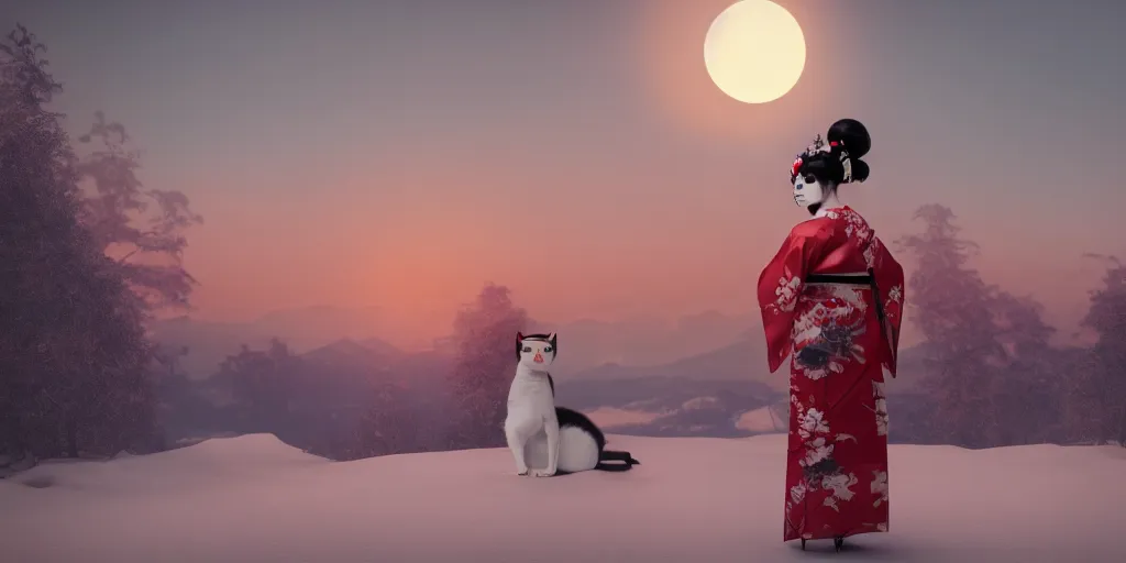 Prompt: a full body geisha with a cat skull head, wearing a red kimono, standing in the snow with a massive red sun setting on the horizon cinematic octane render 8 k trending on artstation