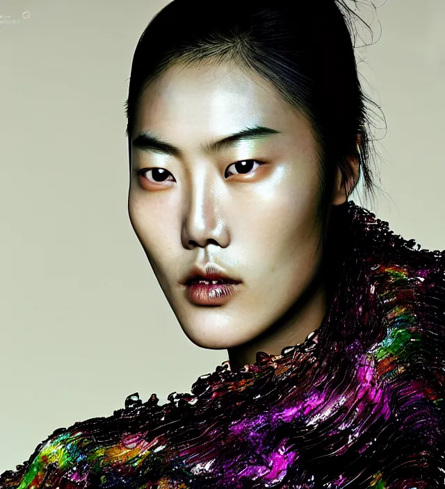 Prompt: photography facial portrait of liu wen, natural background,. natural pose, wearing stunning cloth by iris _ van _ herpen, with a colorfull makeup. highly detailed, skin grain detail, photography by paolo roversi, nick knight, helmut newton, avedon, araki