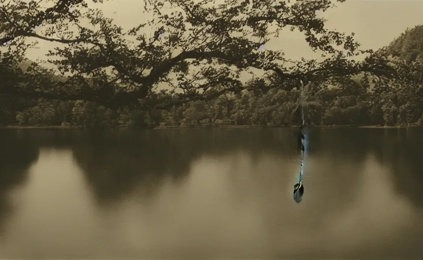 Image similar to cinematic still screenshot detailed photo of a moody lake with a rope floating in the center, shot by saul leiter, camera height 7 feet, moody cinematography, 2 4 mm anamorphic lens