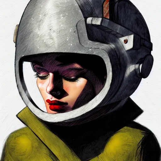 Image similar to portrait of girl wearing a helmet, in the style of enki bilal and dave mckean, isolated on white