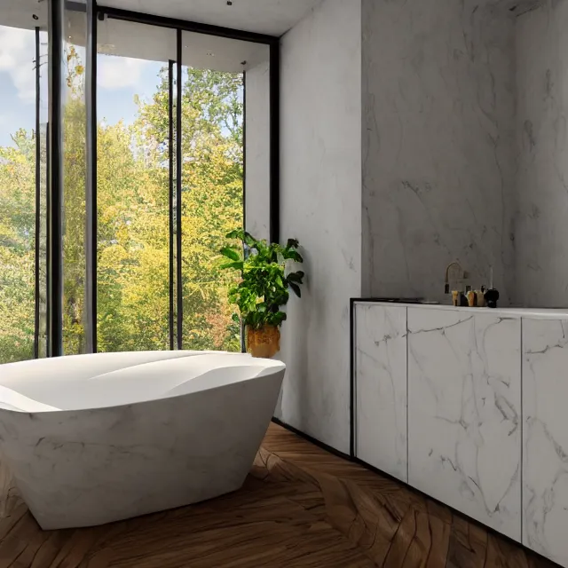 Image similar to marble bathroom interior, bathtub with golden faucet, wood cabinets, marble floor, large window in back with white mountain nh fall river view, large potted plant, realistic, unreal engine render, octane render, hyper realistic, photo, 8 k