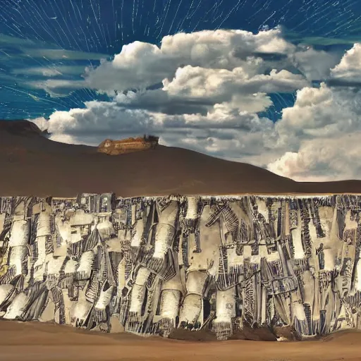 Image similar to a mountain made out of computer screens that display bitcoin logos, cinematic, post - apocalyptic landscape, harsh contrast lighting, in the style of surrealism, made by salvador dali