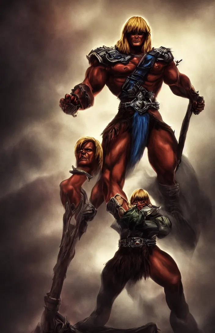 Prompt: He-Man with a dark manner, centered full body character pose, atmospheric, dark and mysterious, shadowy and eerie character, ominous, cinematic, Epic, 4k, ultra detailed, ultra realistic, colored