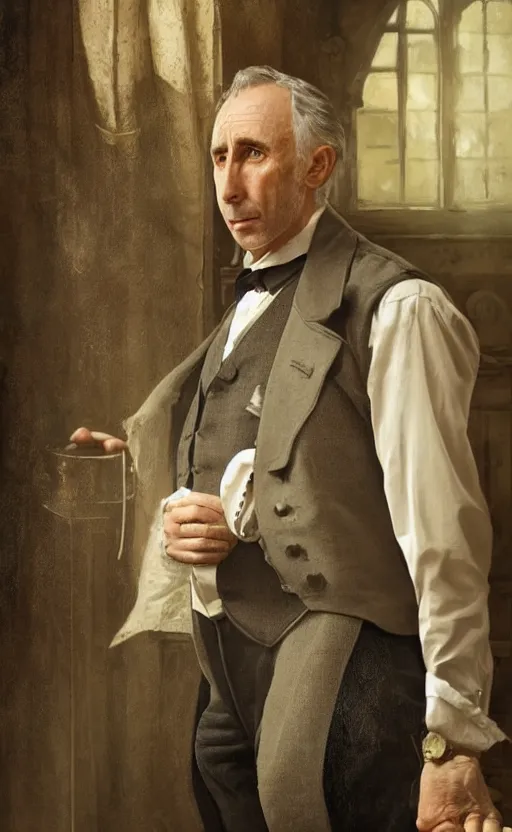 Image similar to portrait of nigel hawthorne as a middle aged victorian gentleman, suit and waistcoat, male, detailed face, victorian, highly detailed, cinematic lighting, digital art painting by greg rutkowski