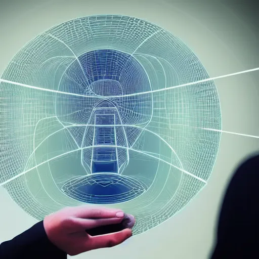 Image similar to Person using a holographic 3d mind map. User interface. Award-winning. UX/UI. User experience. Natural intuitive expressive. Multi-layered. Graspable. Easy. Complex.