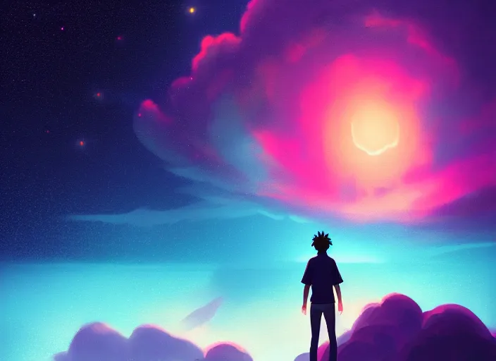 Image similar to dark silhuette of a man standing on a gray dull cliff looking out into a colorful cosmos, clouds, stars, rings, beautiful lighting, vivid colors, intricate, elegant, cgsociety, artstation trending, makoto shinkai art style