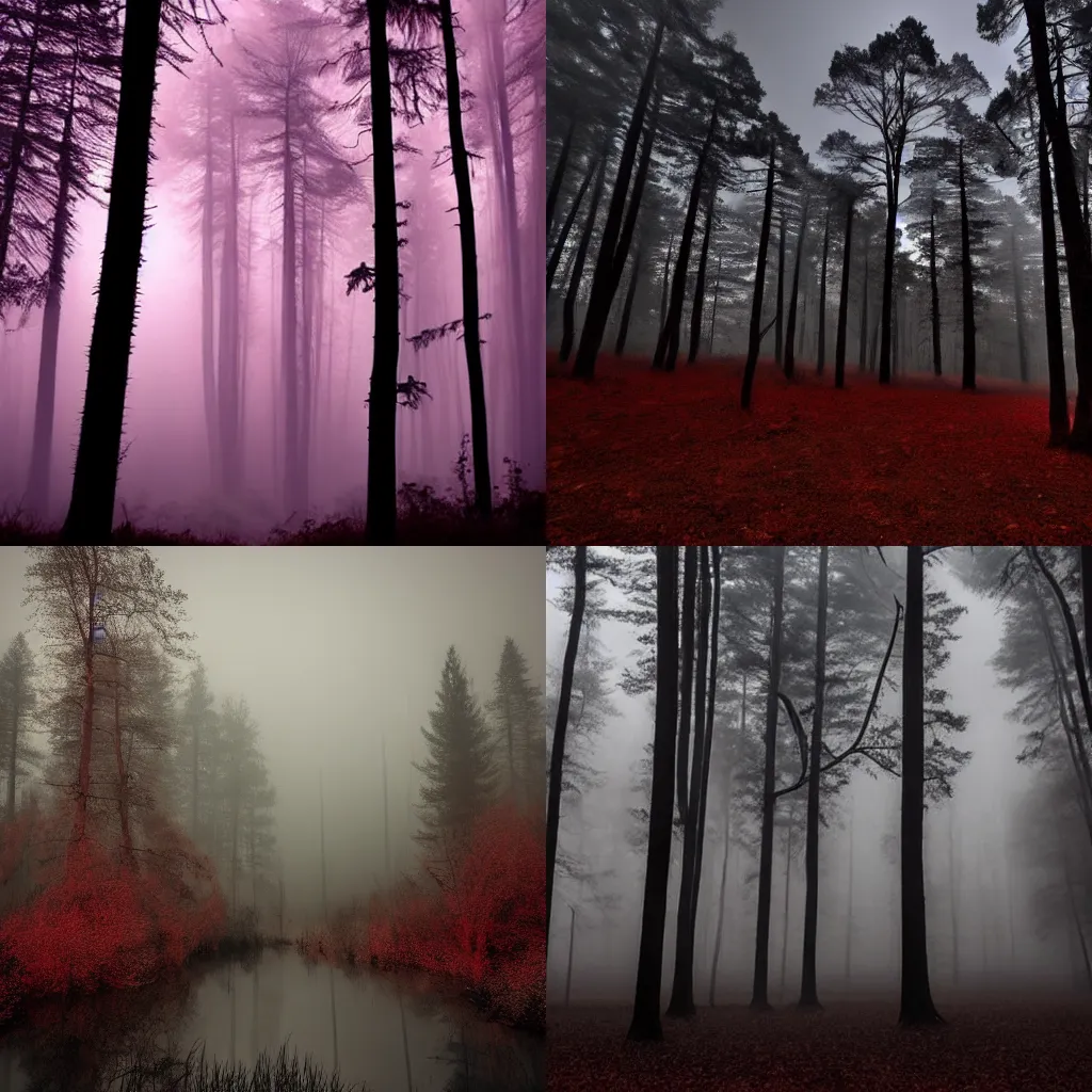 Prompt: a strange dark forest world, the sky is a faint misty red hue,
