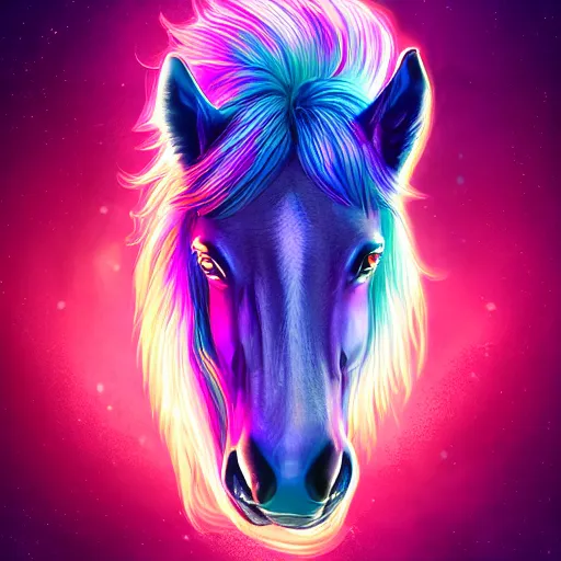 Prompt: digital horse with short mane, retrowave palette, highly detailed, anatomically correct equine, synth feel, smooth face, ear floof, flowing mane, no reins, super realism, accurate animal imagery, 4 k digital art