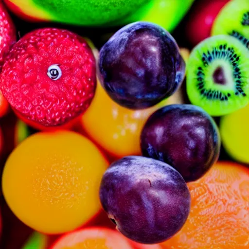 Prompt: Fruit from another planet, vibrant, f/4.5, 50 mm, 1/100 sec, ISO-250