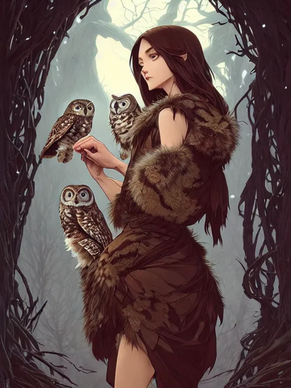 Prompt: full body picture of a huntress with owls in the winter, bored, coveted, beautiful and aesthetic, intricate, unreal engine, messy hair, highly detailed, detailed face, smooth, sharp focus, chiaroscuro, manga illustration, artgerm, greg rutkowski, ilya kuvshinov, rossdraws, alphonse mucha, young adult light novel cover art