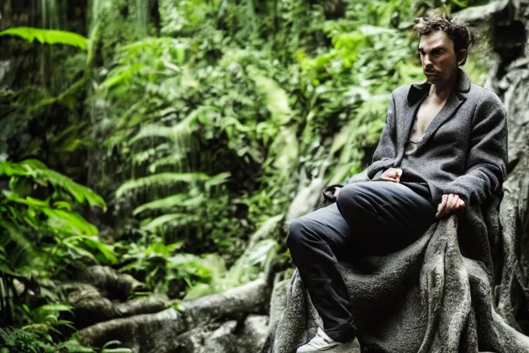 Image similar to movie closeup young man with a grey beard in a cyberpunk suit sitting on a futuristic chair at the edge of a jungle waterfall by emmanuel lubezki