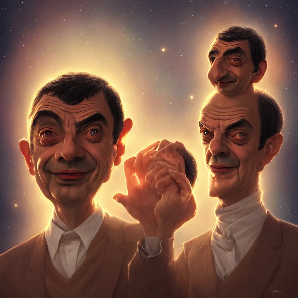 Prompt: Portrait of Mr Bean reaching enlightenment and becoming one with the universe, highly detailed, concept art, illustration, cinematic, artstation, digital painting, mystical, zen