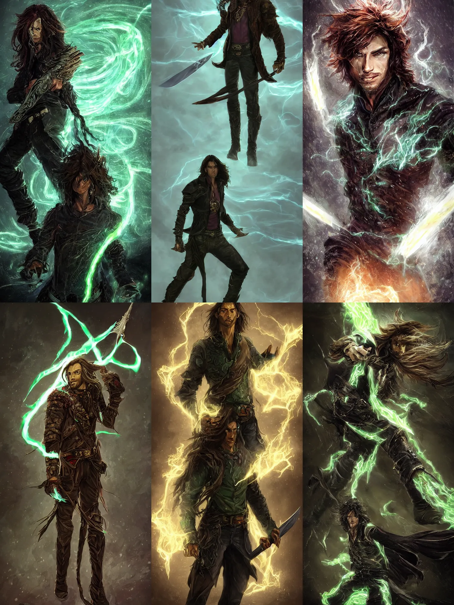 Prompt: Eliazar is a tall, lean man with long wavy brown hair. He wears a torn-up leather jacket and a beige cloth shirt underneath. Black pants, and cowboy boots. Pale green glowing energy glows through the tears in his clothes, and he carries a large crystalline black longsword with red lightning that arcs across the blade. by craig mullins, featured on artstation