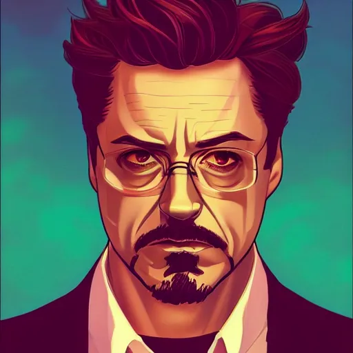 Image similar to Robert Downey Jr as Tony Stark, ambient lighting, 4k, alphonse mucha, lois van baarle, ilya kuvshinov, rossdraws, artstation