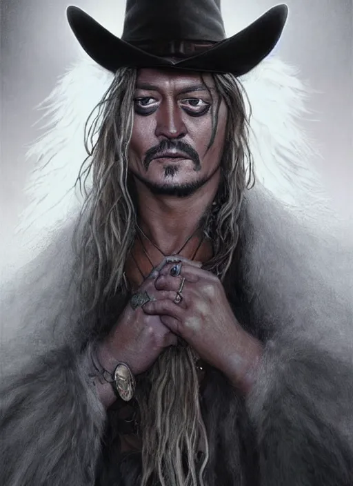 Image similar to John Wayne and Johnny Depp (((fused together))), white glowing eyes, silver shaggy hair, cloak, ethereal wings, male, fantasy, extremely detailed, digital painting, artstation, concept art, smooth, sharp focus, illustration, stunning lighting, art by artgerm and greg rutkowski and alphonse mucha and simon stalenhag, realistic character concept, high fantasy, light atmosphere, golden ratio, cinematic lighting, hyperdetailed, high resolution, insanely detailed and intricate, artstation, Marc Simonetti, Greg Rutkowski, 8k